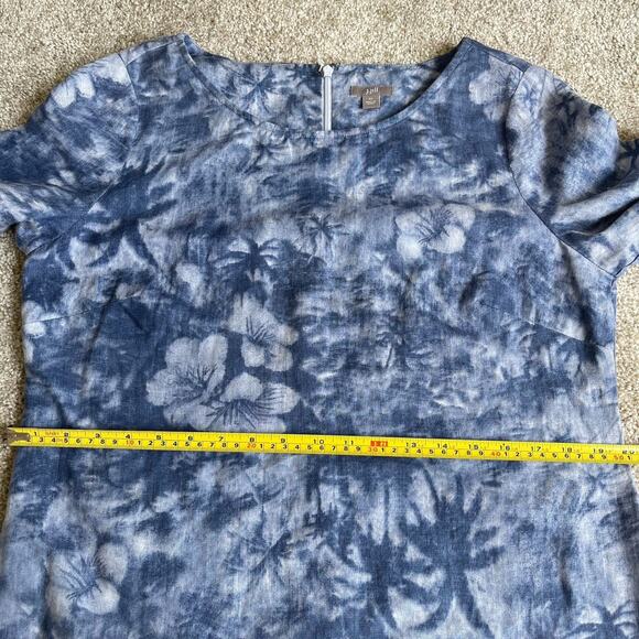 J Jill 3/4 Sleeves 100% Linen Shift Dress 10 Blue Hawaiian Tropical Palm Floral - Picture 12 of 15